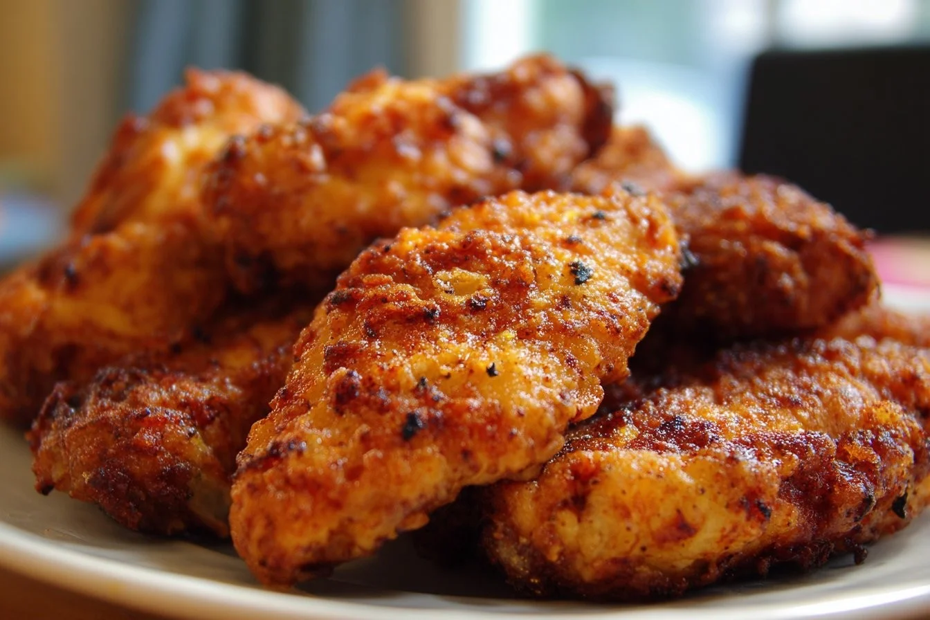 Crispy air fryer chicken served with fresh herbs and a side of vegetables.