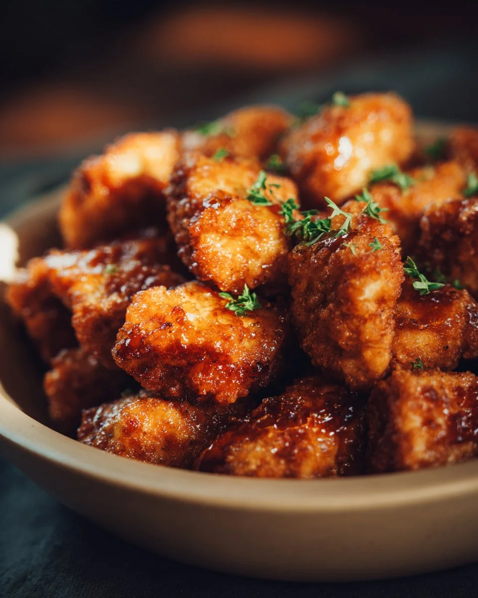 Crispy air fryer chicken bites served in a bowl with dipping sauce