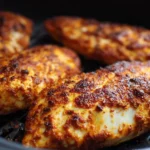 Juicy air fryer chicken breast served with vegetables on a plate.