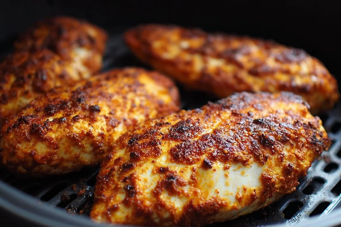 Juicy air fryer chicken breast served with vegetables on a plate.