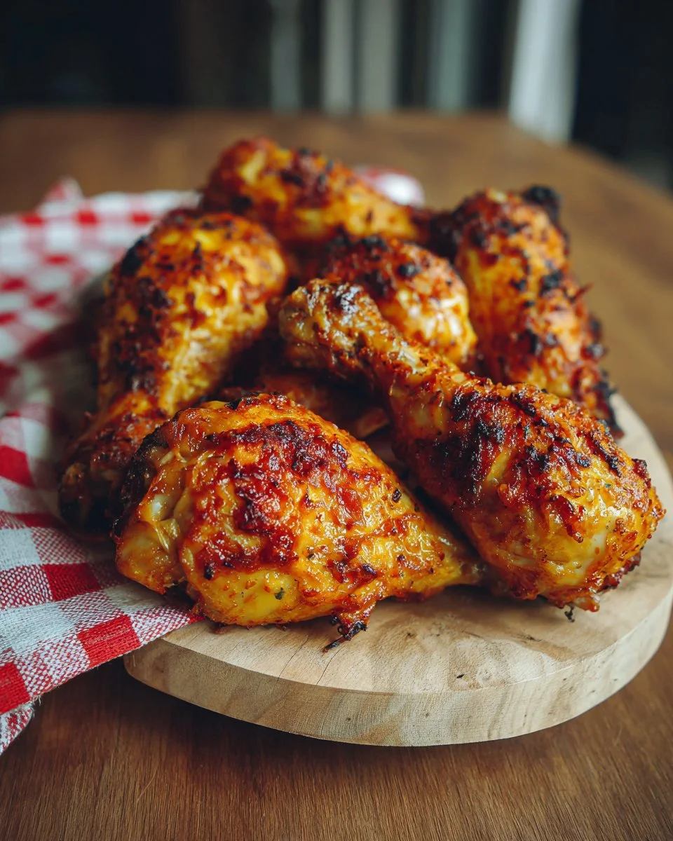 Crispy Air Fryer chicken drumsticks served on a plate with dipping sauce.