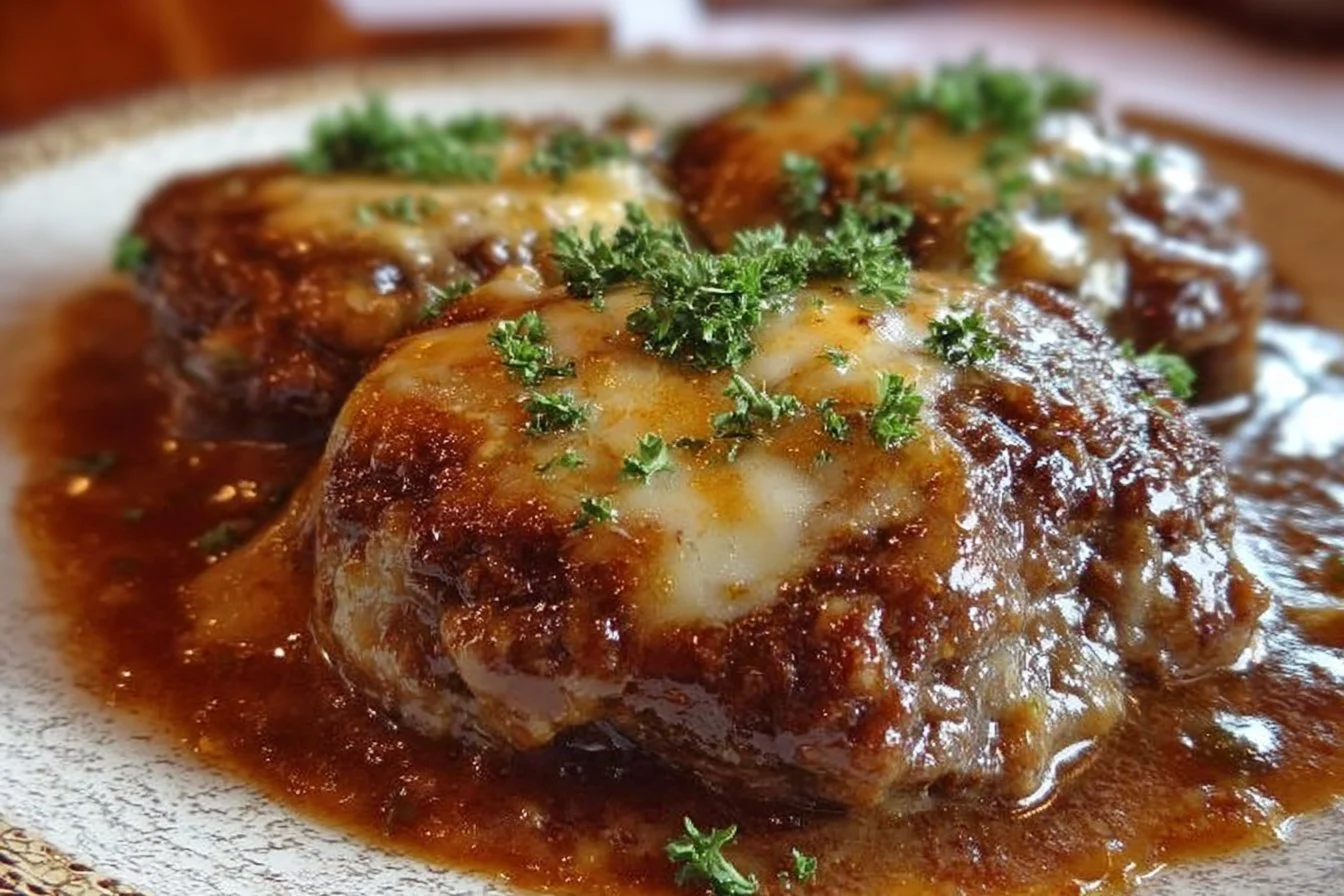 Amish Hamburger Steak Bake served in a casserole dish with vegetables