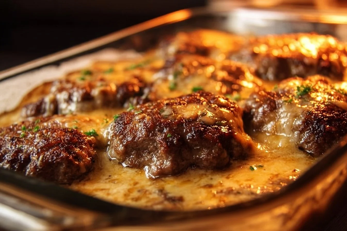 Delicious Amish hamburger steak bake served with sides on a rustic table
