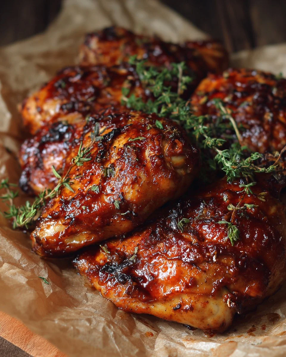 Baked BBQ Chicken dish garnished with herbs served on a plate