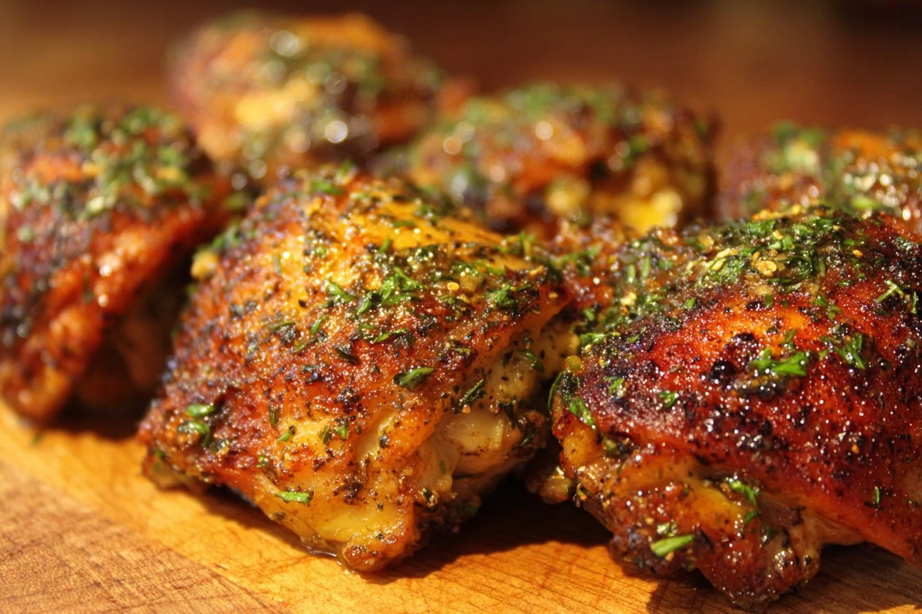 Delicious baked boneless chicken thighs served with herbs and spices.