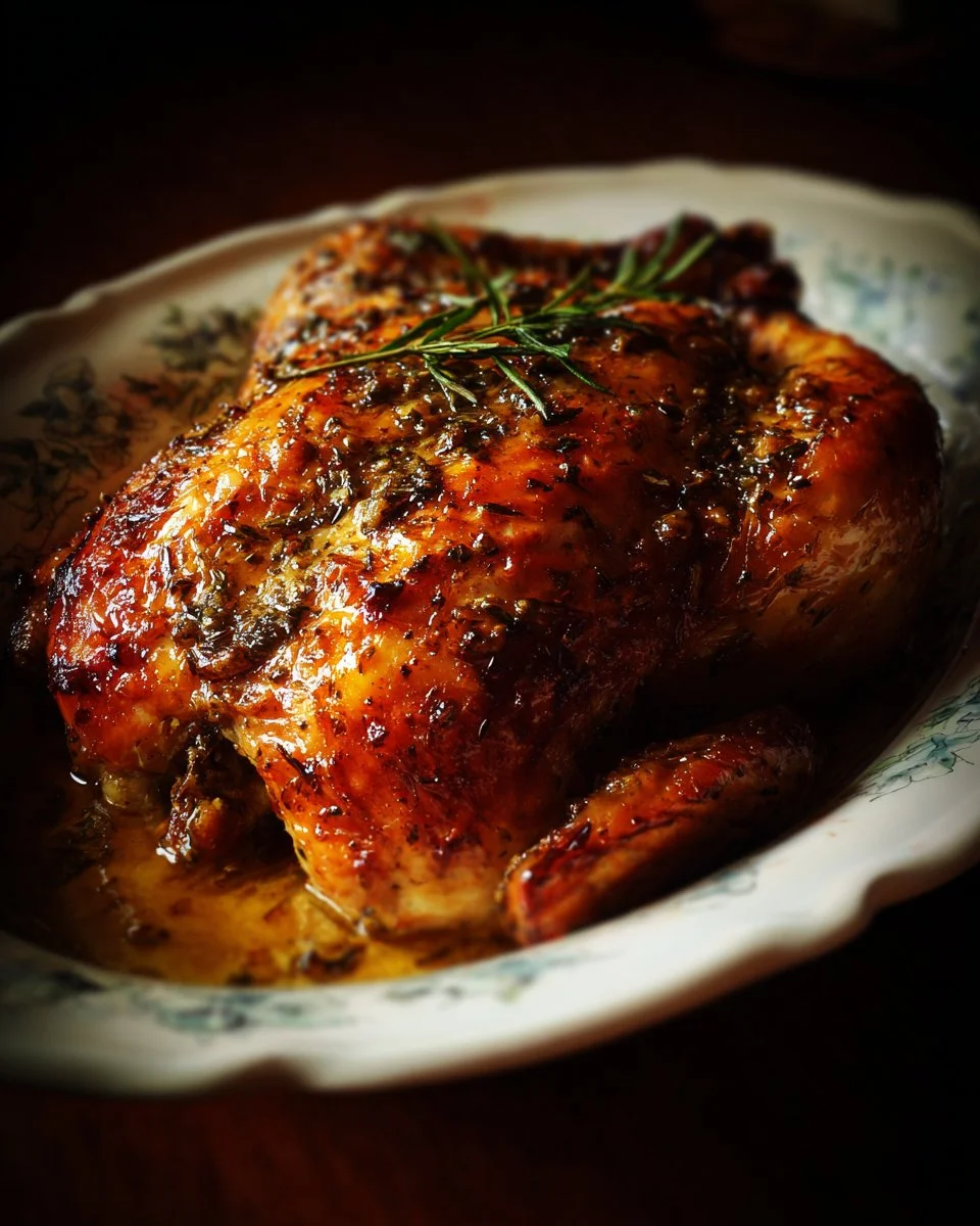 Juicy baked chicken seasoned and roasted to perfection on a serving plate.