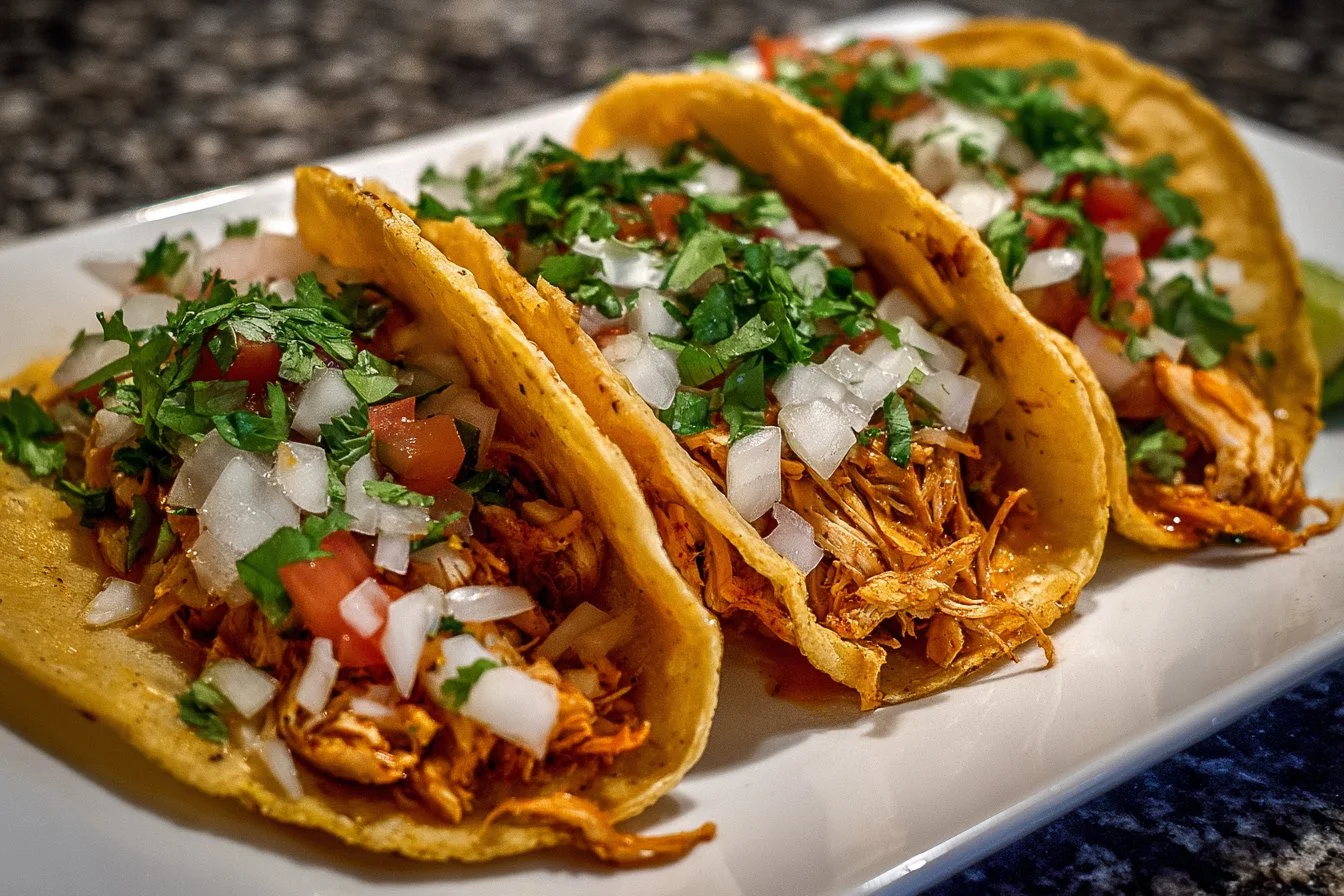 Delicious baked chicken tacos with melted cheese and fresh toppings