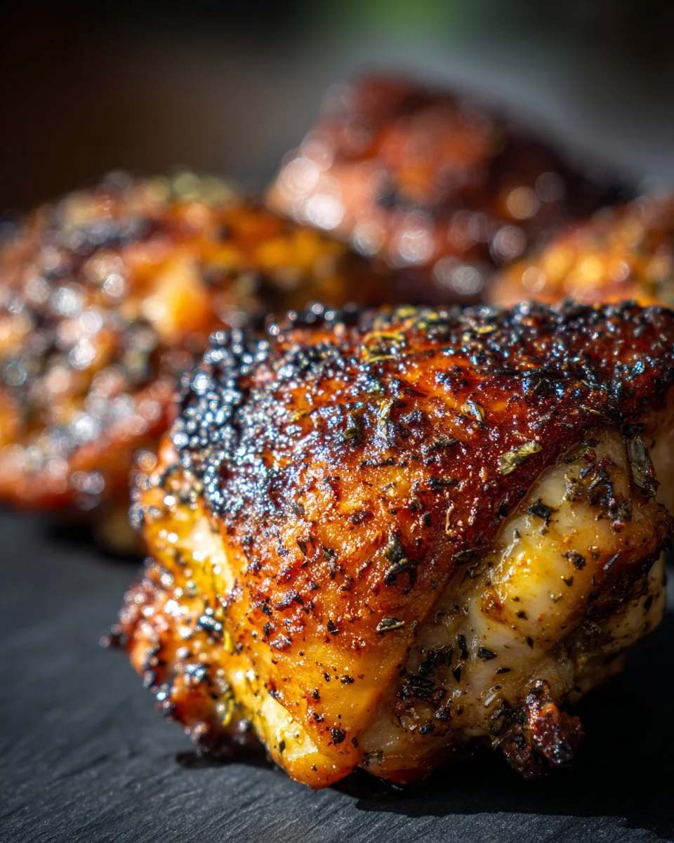 Deliciously baked chicken thighs served with herbs and spices