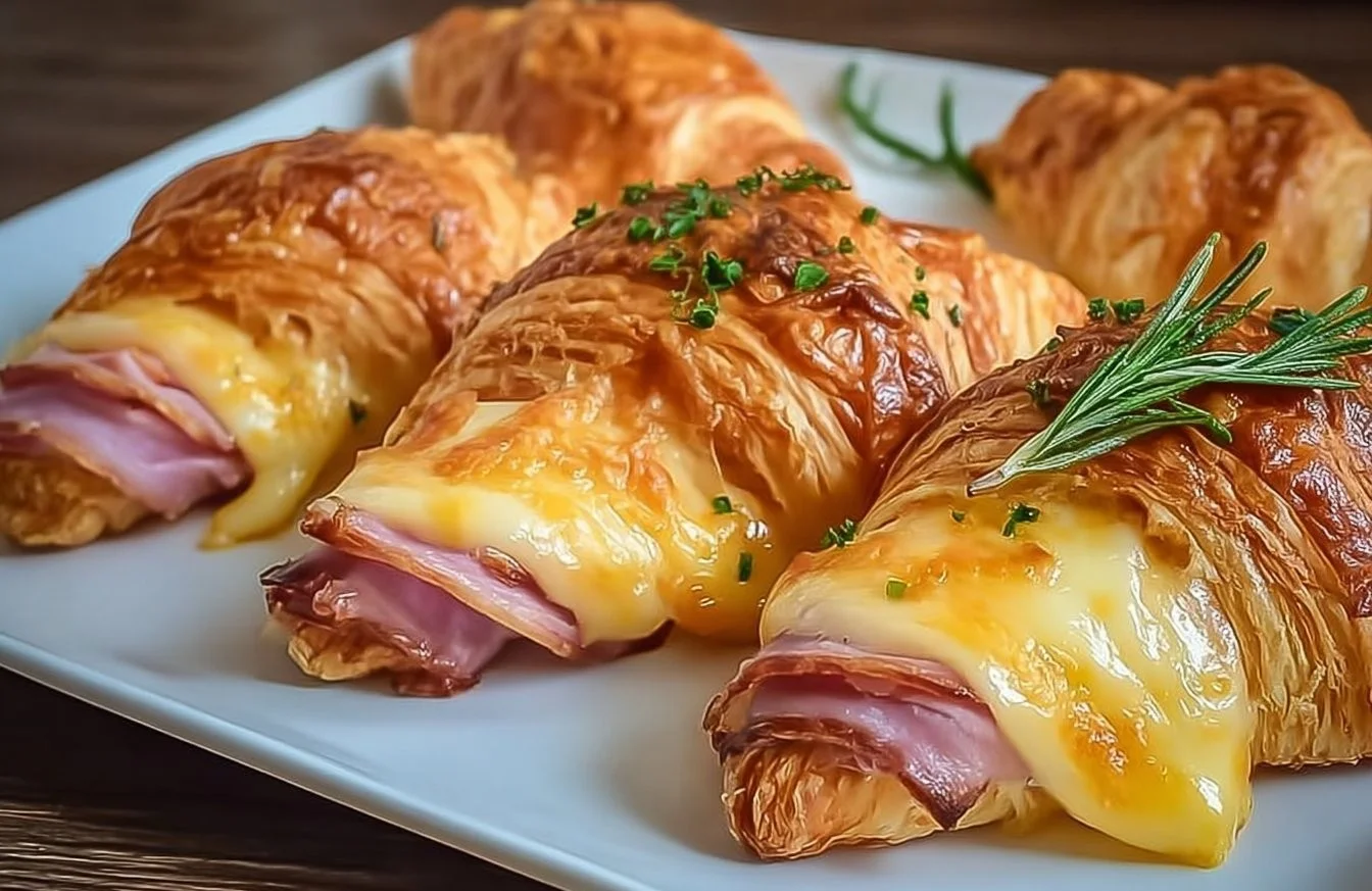 Freshly baked ham and cheese croissants on a wooden table