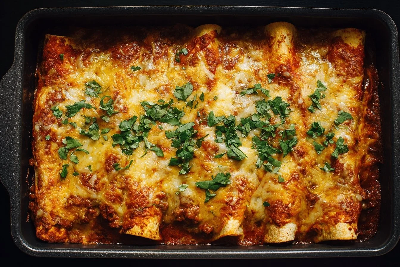 Delicious beef enchiladas topped with cheese and sauce served on a plate.