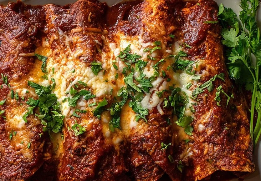 Delicious beef enchiladas topped with rich red sauce on a plate