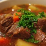 A warm bowl of delicious beef soup with fresh vegetables and herbs