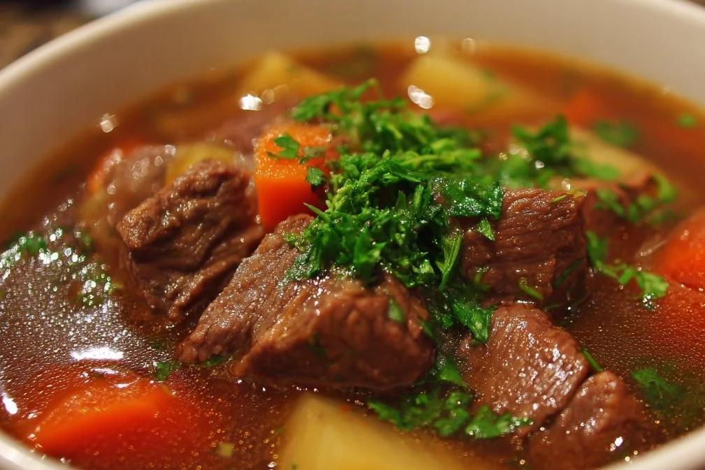 A warm bowl of delicious beef soup with fresh vegetables and herbs