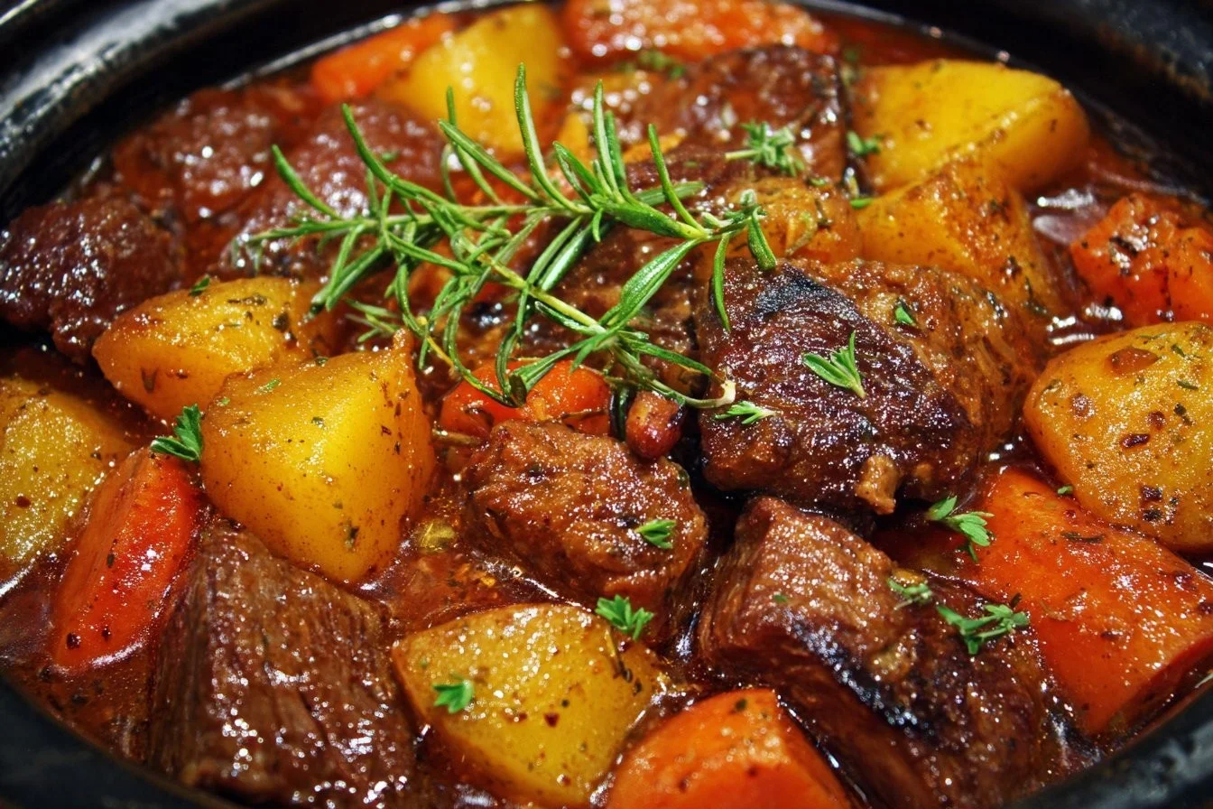 Delicious hearty beef stew with vegetables cooked to perfection.
