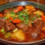Delicious homemade beef stew with vegetables and tender beef in a bowl.