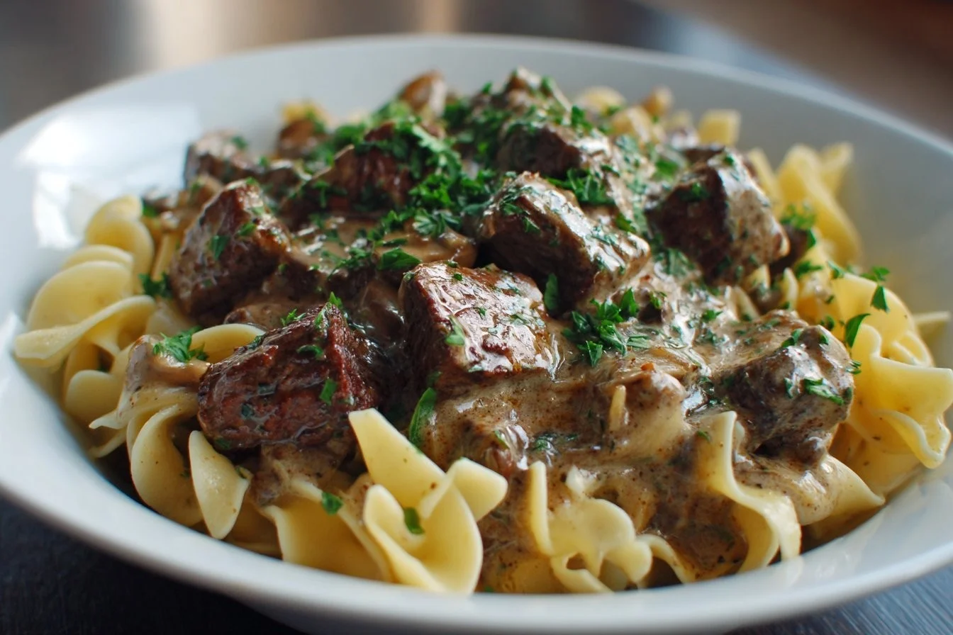 A plate of Beef Stroganoff with tender beef and creamy mushroom sauce