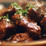 Plate of juicy beef tips served with vegetables and sauce