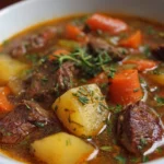 Delicious bowl of beef vegetable soup with fresh vegetables and tender beef chunks