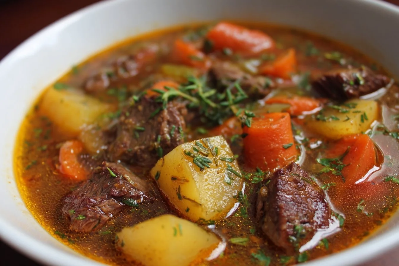 Delicious bowl of beef vegetable soup with fresh vegetables and tender beef chunks