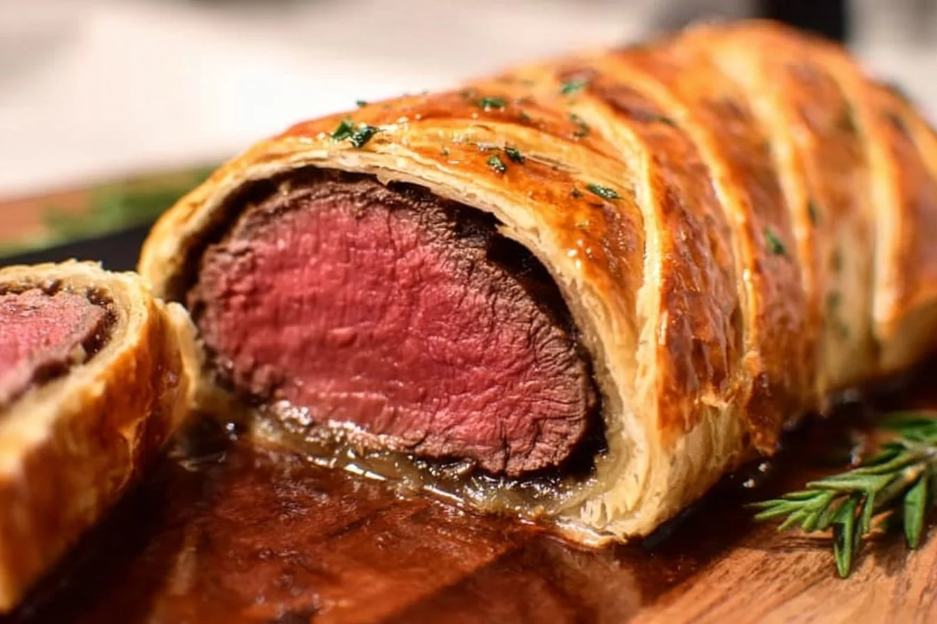 Deliciously cooked Beef Wellington on a plate, garnished with herbs.