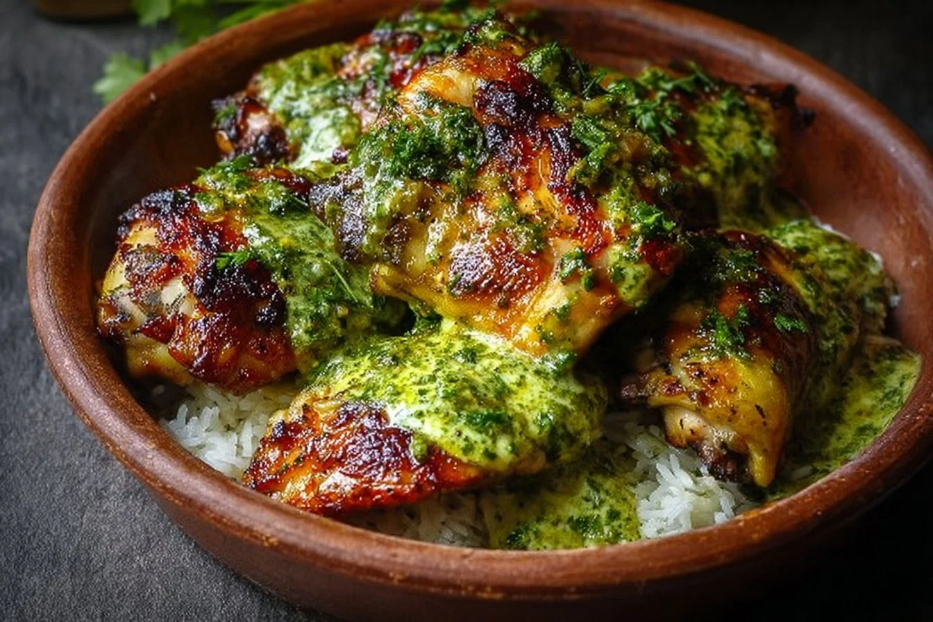 Plate of best Peruvian chicken served with creamy green sauce