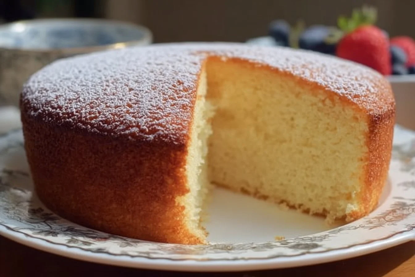 Deliciously light sponge cake garnished with fresh fruits and cream