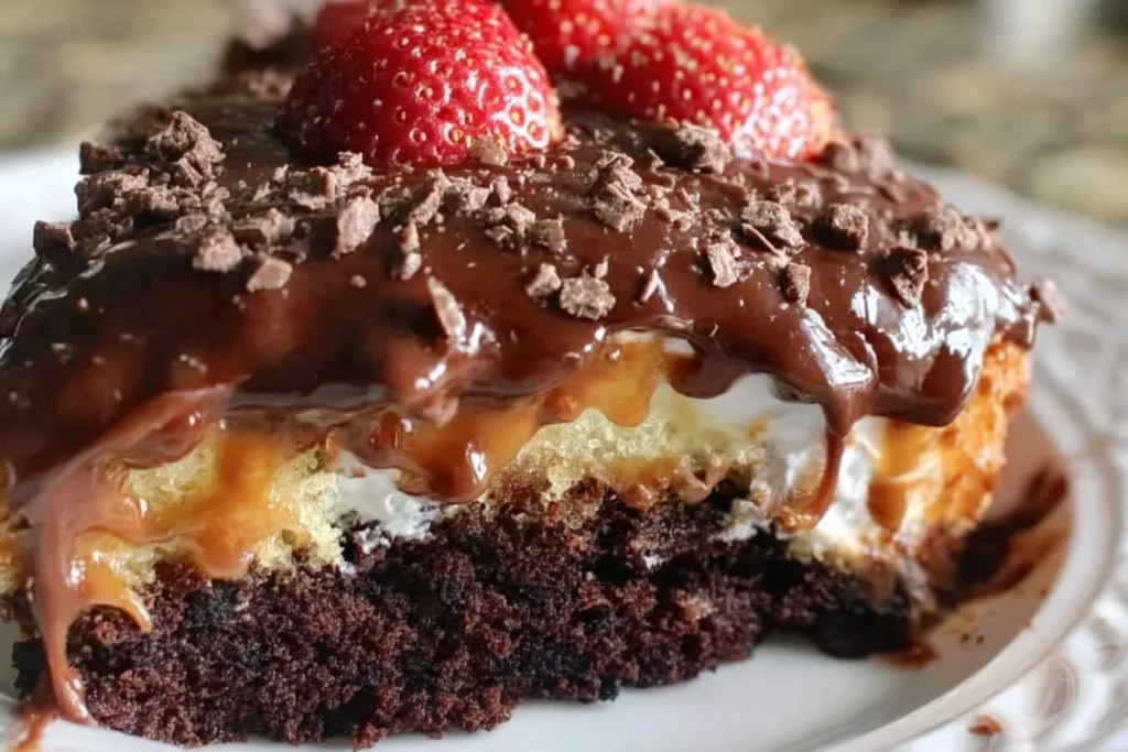 Delicious slice of Better Than Sex Cake topped with whipped cream and chocolate