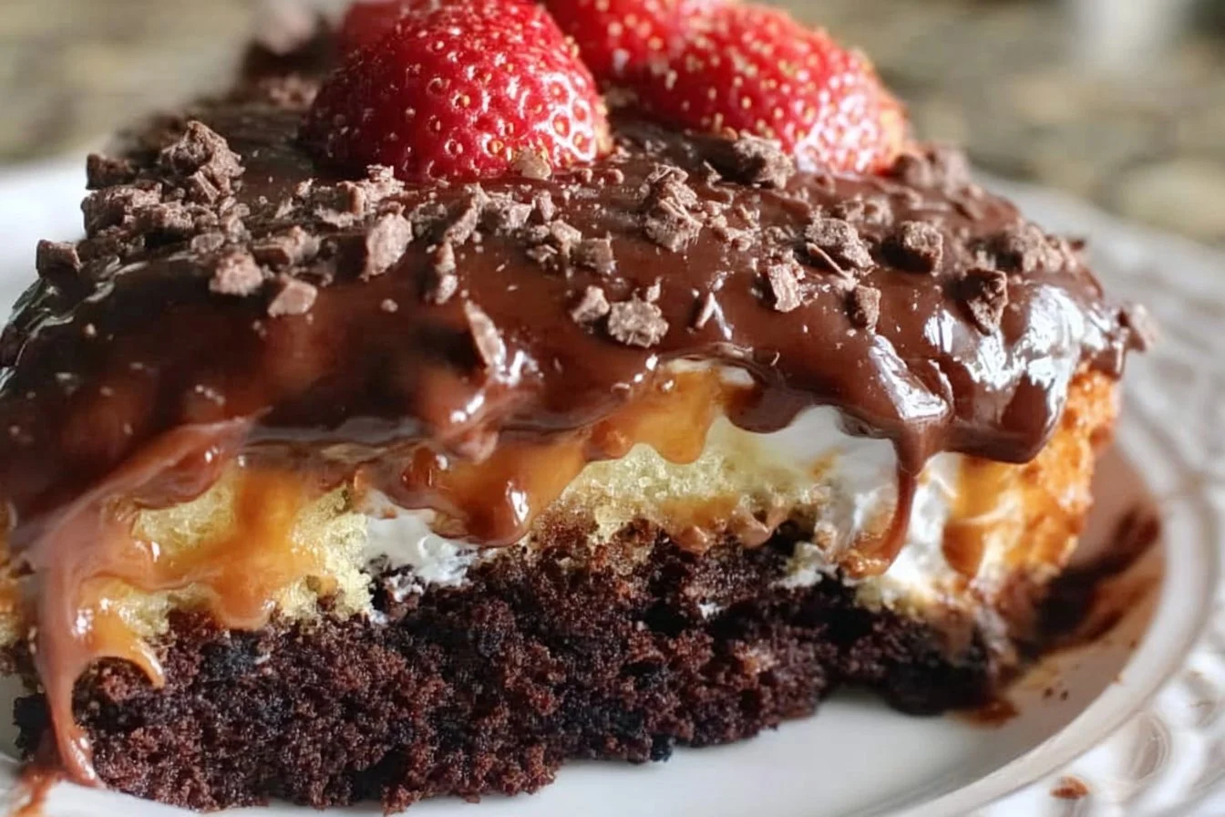 Delicious slice of Better Than Sex Cake topped with whipped cream and chocolate