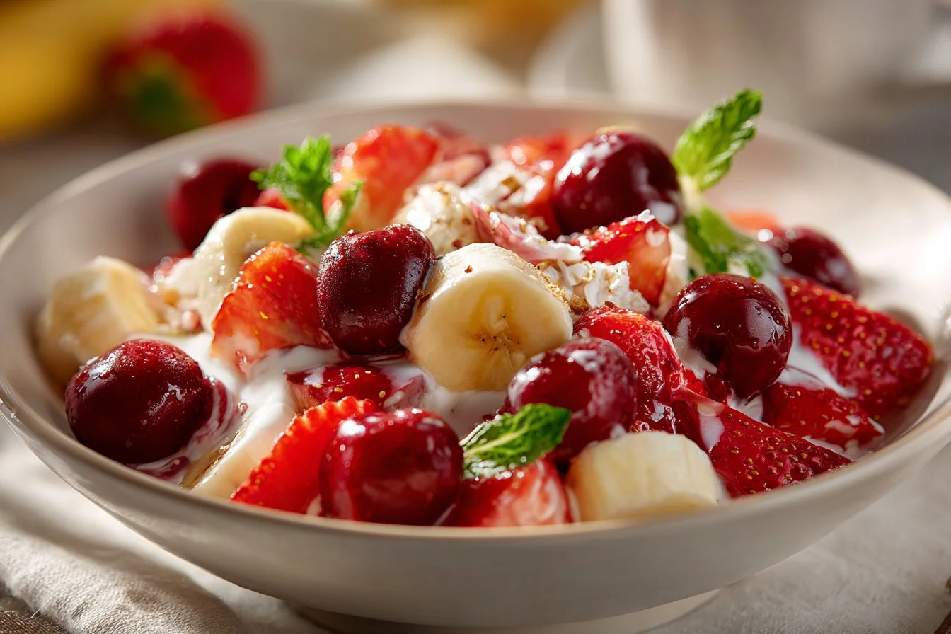 Colorful Better Than Sex Fruit Salad with fresh fruits and sauce