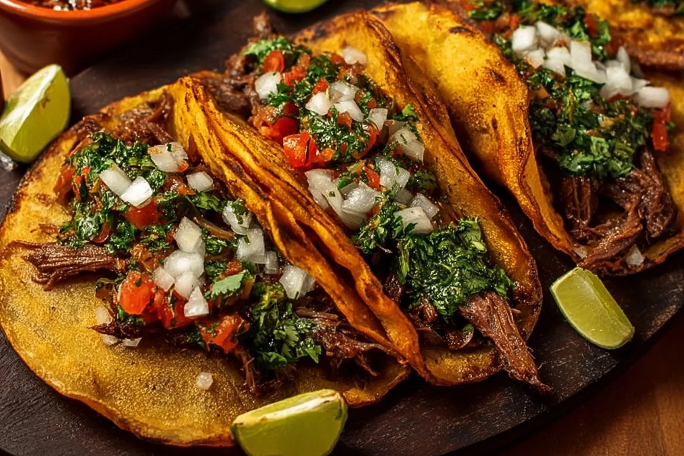 Delicious birria tacos served with traditional condiments and broth
