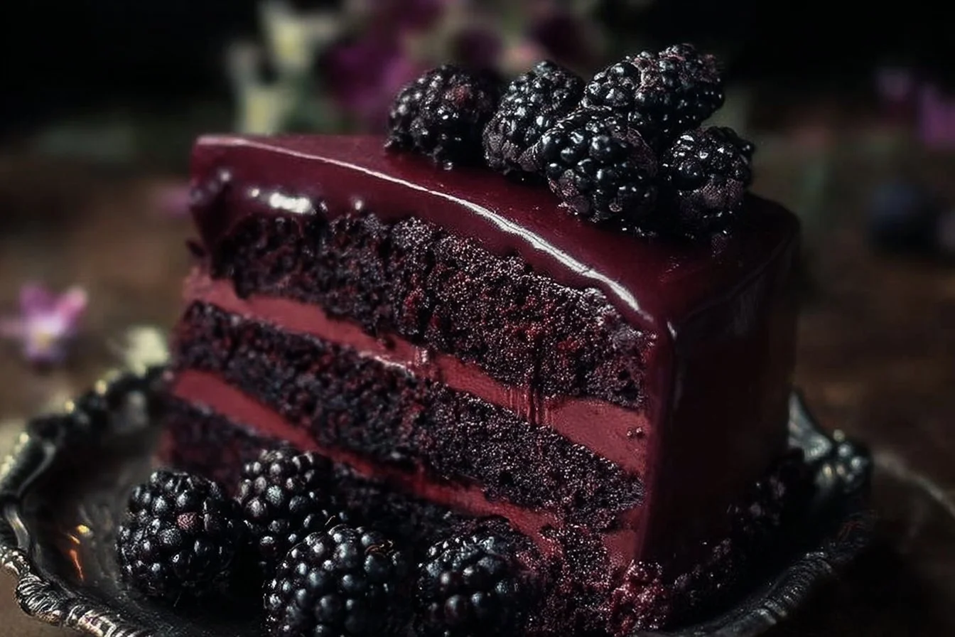 Blackberry Velvet Gothic Cake, a dark dessert with rich blackberry flavor and velvet texture