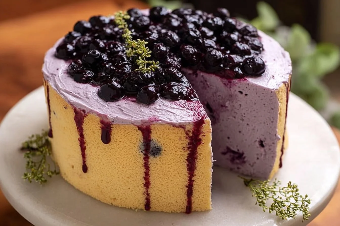 Delicious Blueberry Chiffon Cake topped with fresh blueberries and whipped cream.
