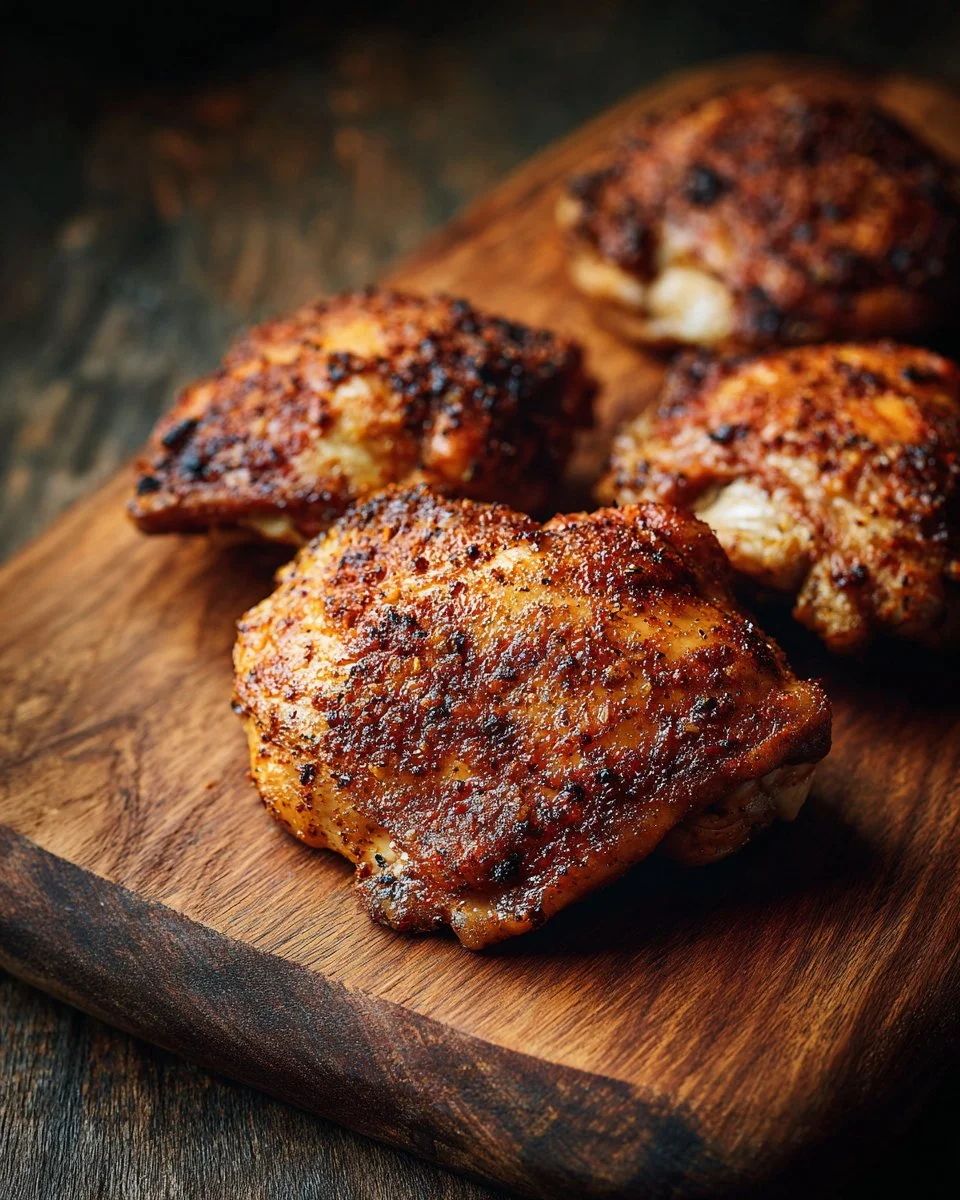 Boneless skinless chicken thighs cooked and served on a plate.