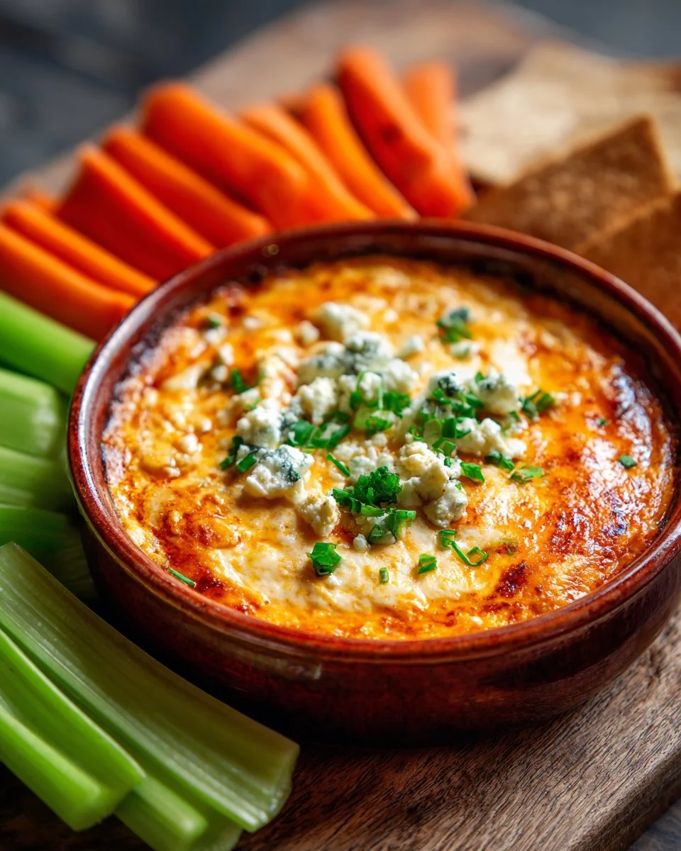Delicious Buffalo Chicken Dip served in a bowl with chips
