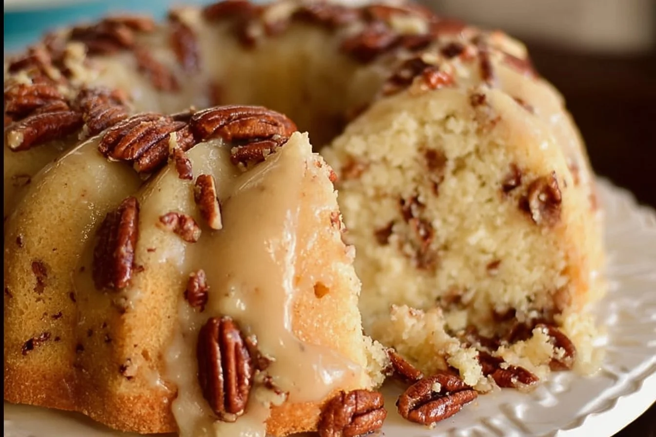 Delicious Butter Pecan Cake topped with nuts and cream frosting