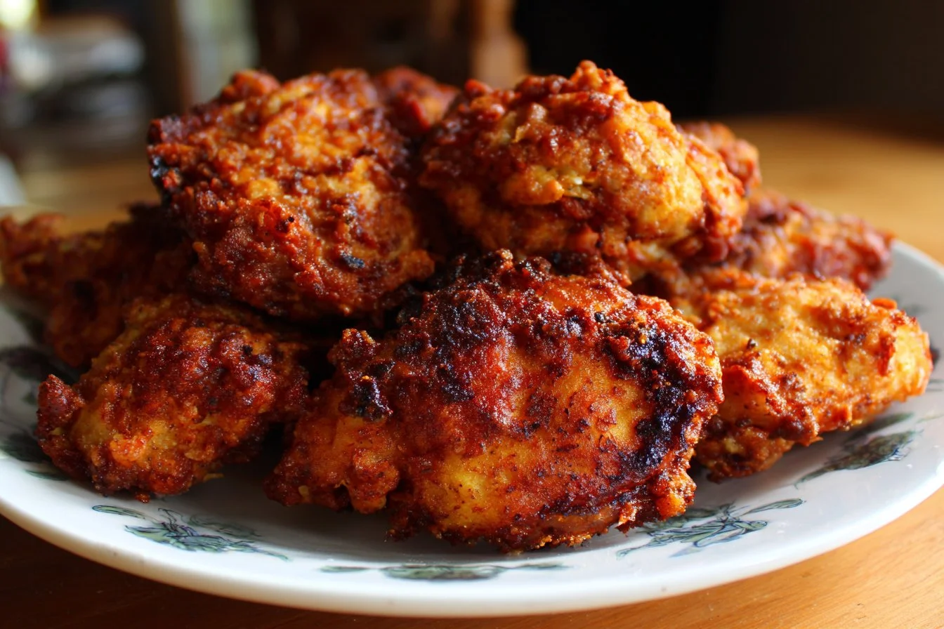 Crispy buttermilk chicken served on a plate with herbs and spices.