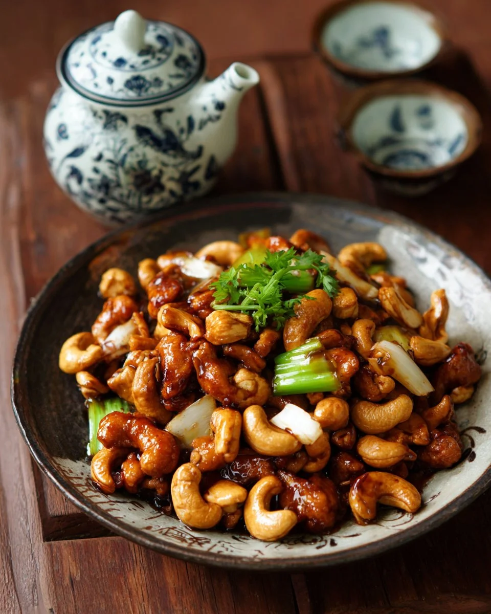 Delicious cashew chicken served with fresh vegetables and cashews on top.