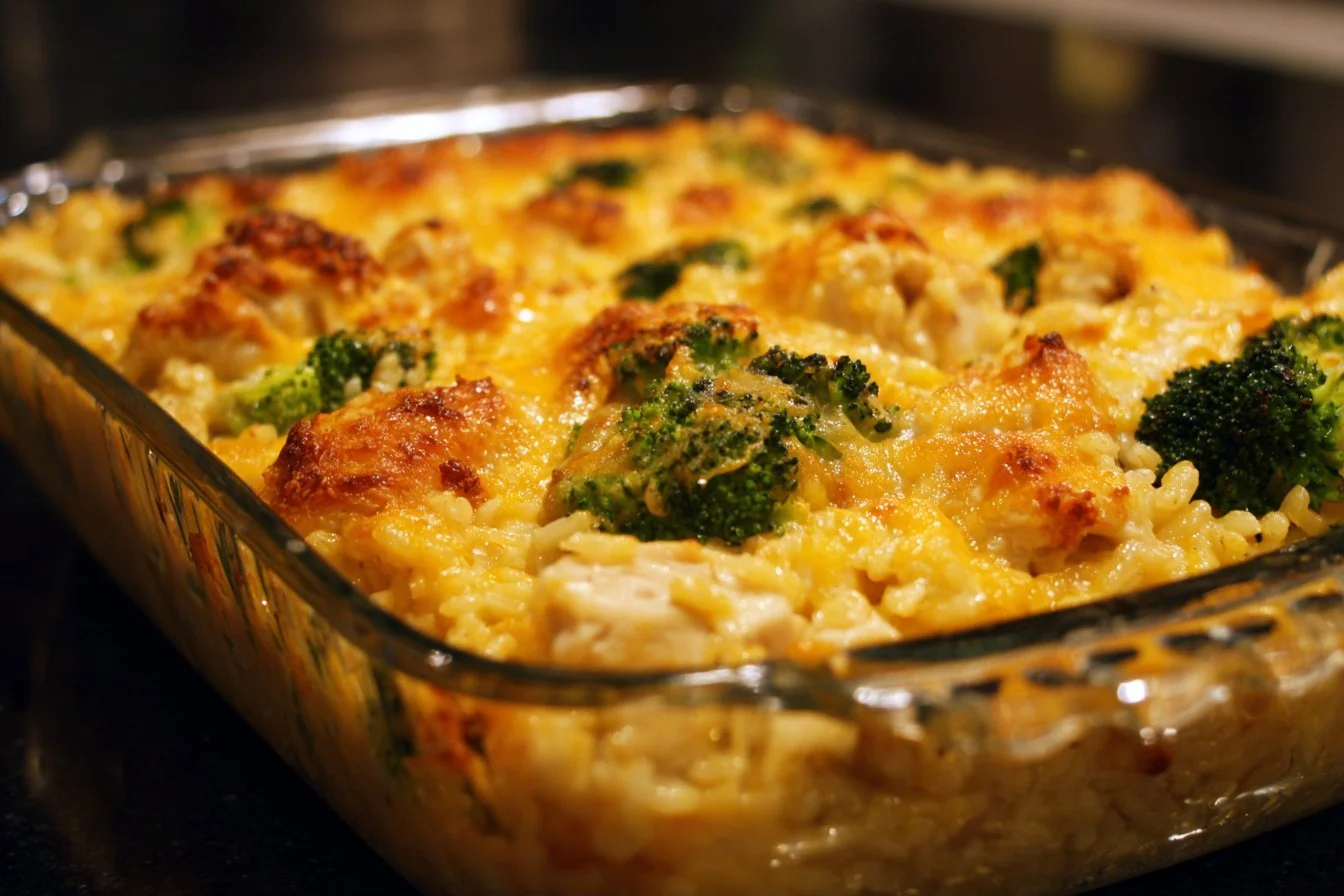 Cheesy chicken broccoli rice casserole topped with melted cheese