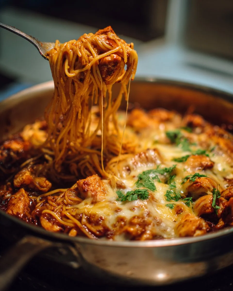 Cheesy chicken spaghetti dish served with herbs and cheese on a plate