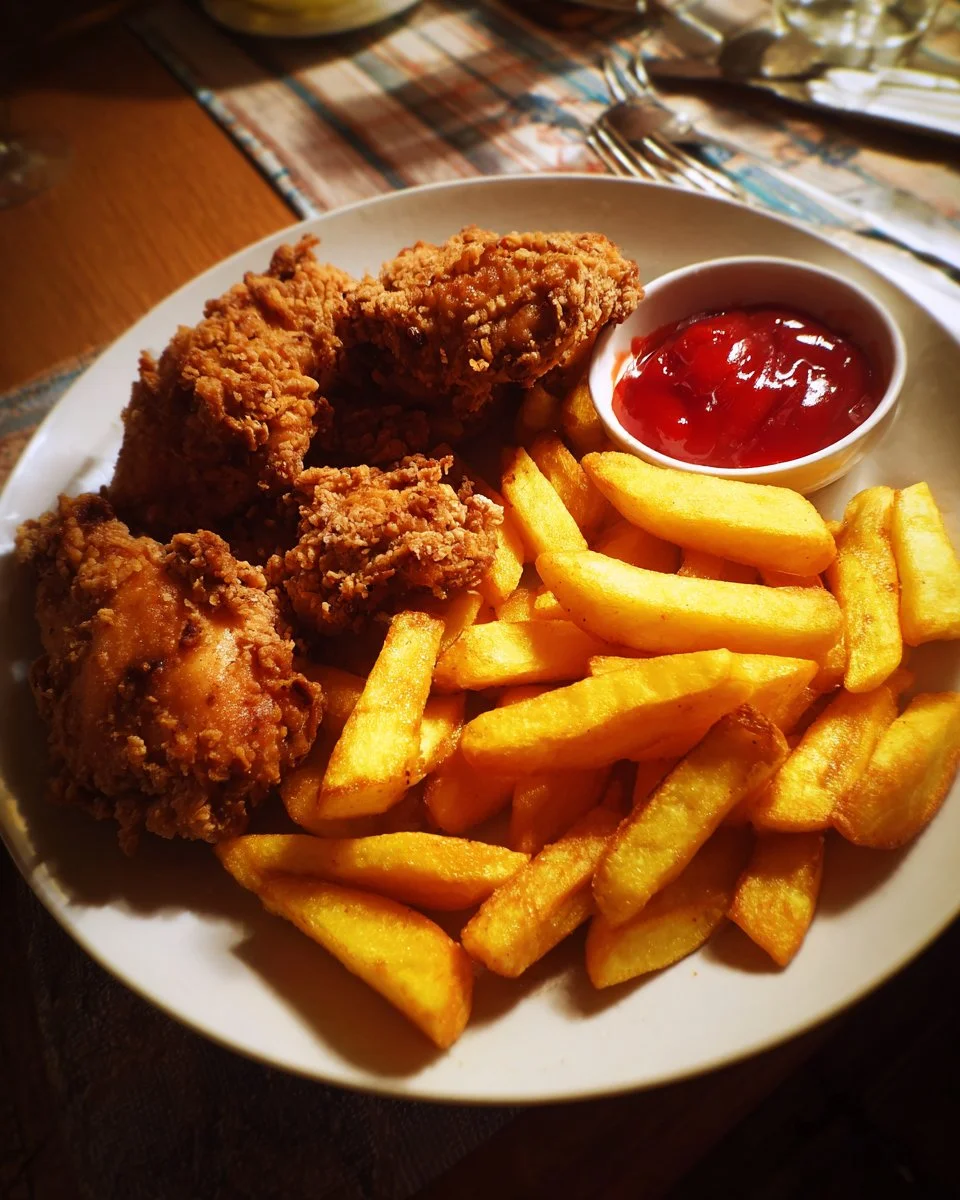 Plate of crispy chicken and golden chips served with a side of dipping sauce.