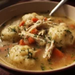Delicious bowl of Chicken and Dumpling Soup garnished with herbs
