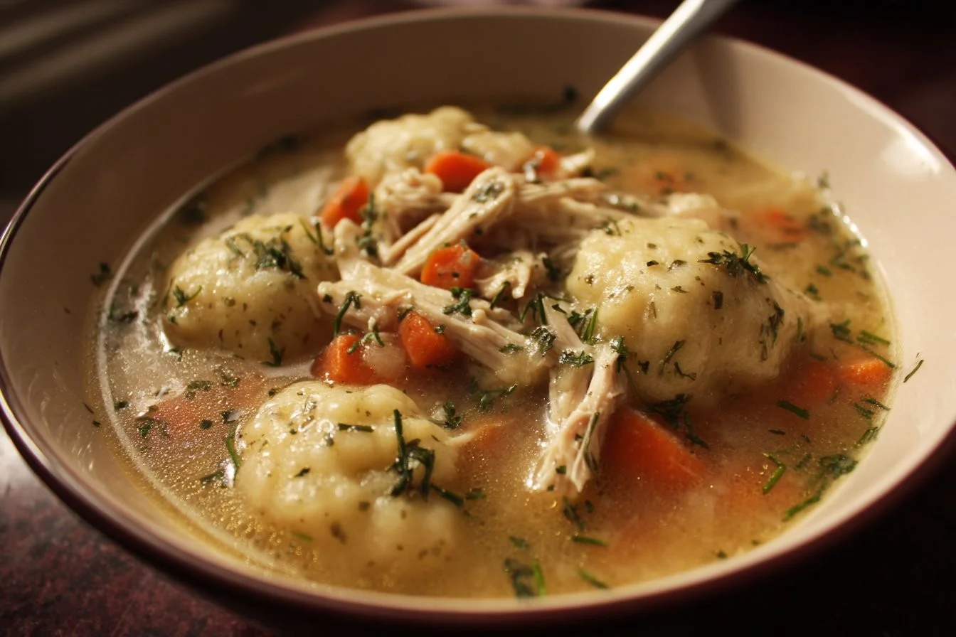 Delicious bowl of Chicken and Dumpling Soup garnished with herbs