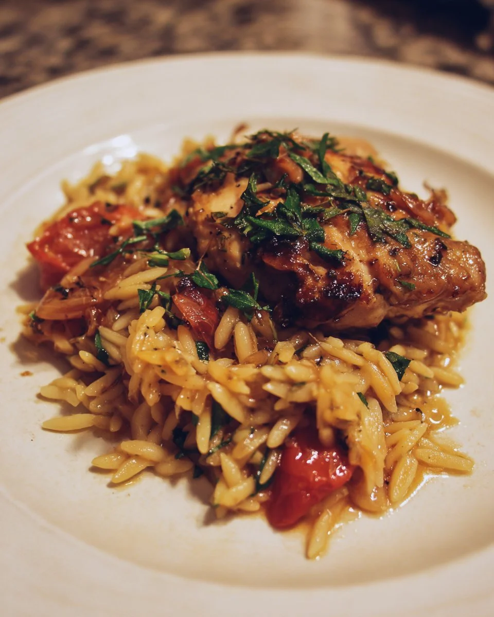 Delicious plate of Chicken and Orzo with herbs and vegetables