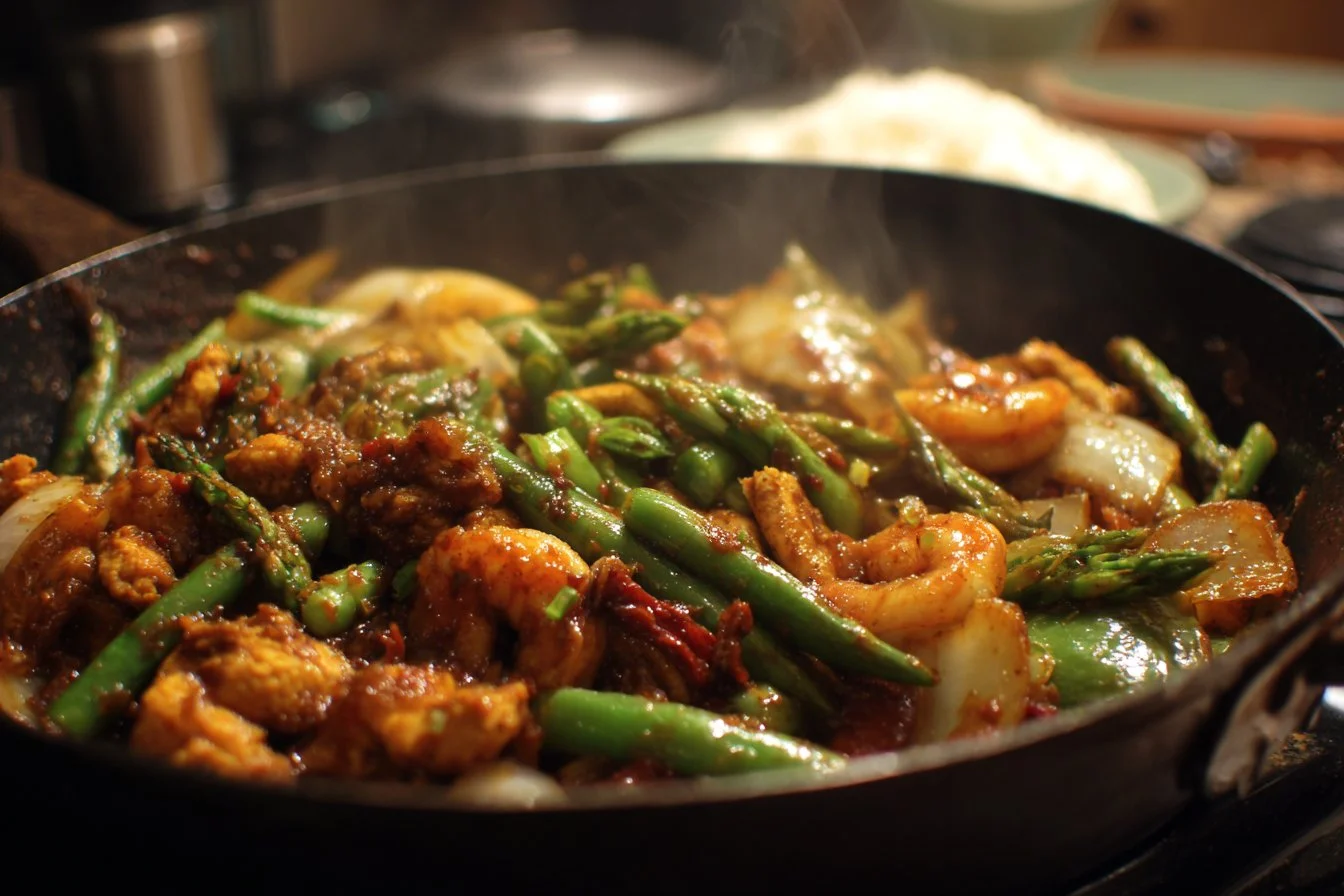 Colorful Chicken and Shrimp Stir-Fry served with mixed vegetables and rice