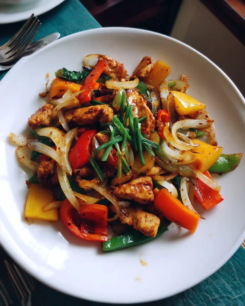 Colorful chicken and vegetable stir fry served in a bowl