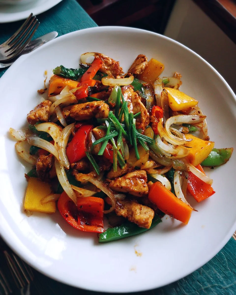 Colorful chicken and vegetable stir fry served in a bowl