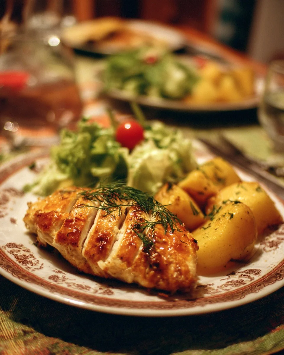A plate of grilled chicken breast served with vegetables and sauce.