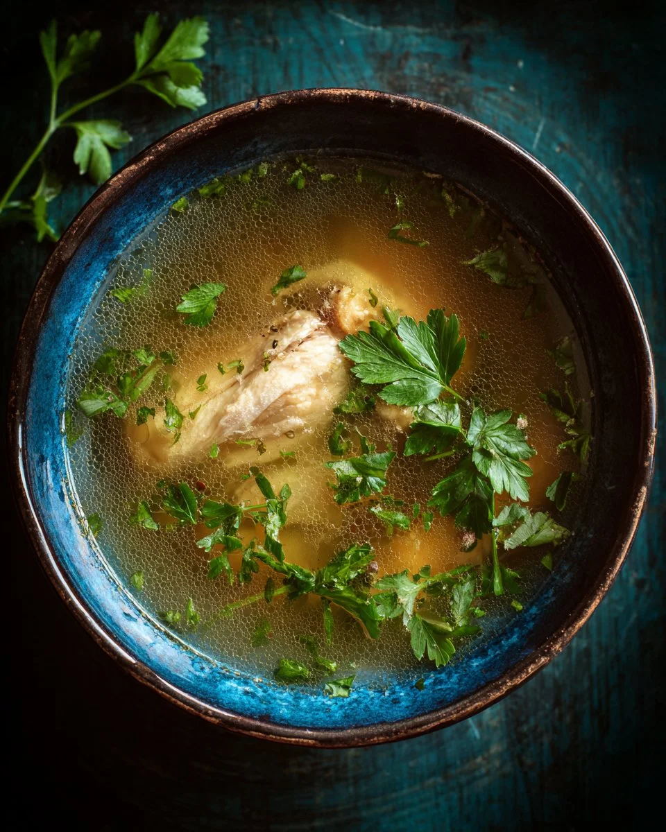 Homemade chicken broth simmering in a pot, rich in flavor and nutrients.