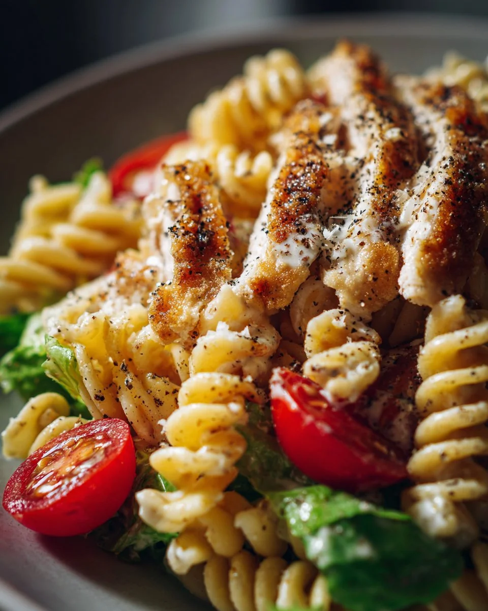Delicious Chicken Caesar Pasta Salad served in a bowl
