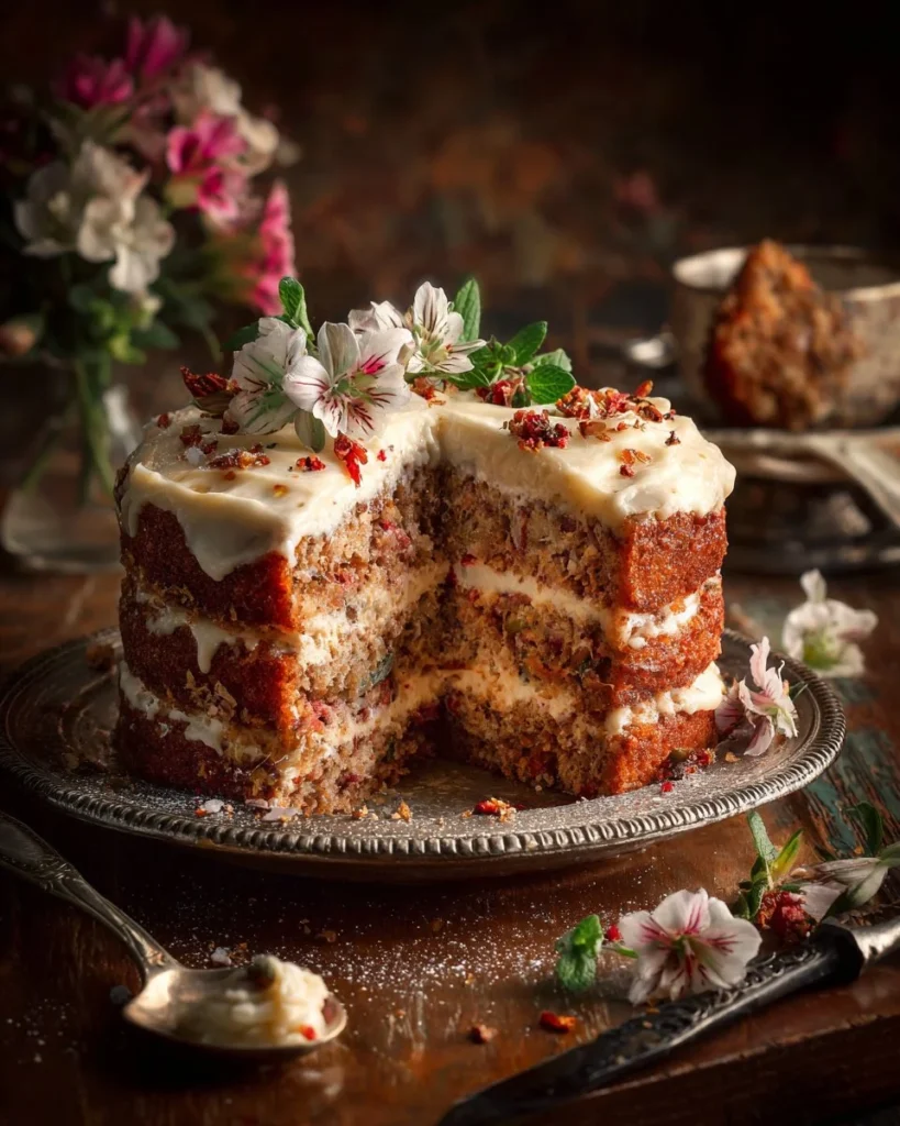 A delicious homemade Chicken Cake served with fresh herbs and vegetables